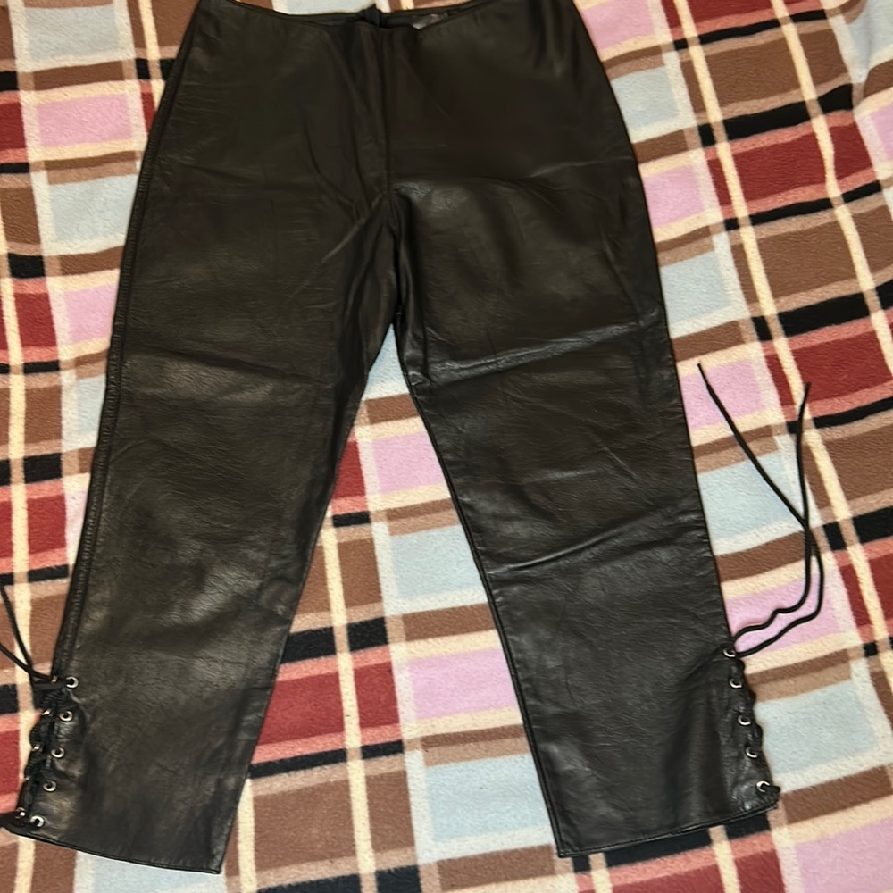 Leather, Black Capri Pants w/side leg ties , Size M